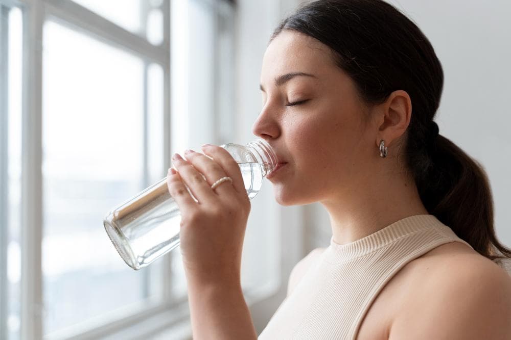 A Young pregnant woman enjoying a glass of fresh coconut water in a bright, peaceful setting, symbolizing healthy digestion, hydration, and wellness during pregnancy.