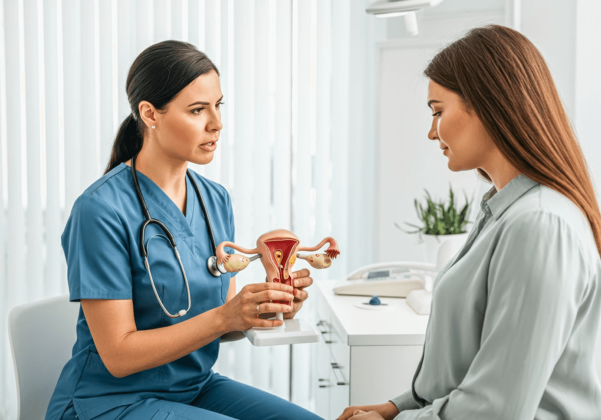 A gynecologist explaining the female reproductive system using a uterus model to a young woman during consultation for menstrual, fertility, or gynecological concerns.