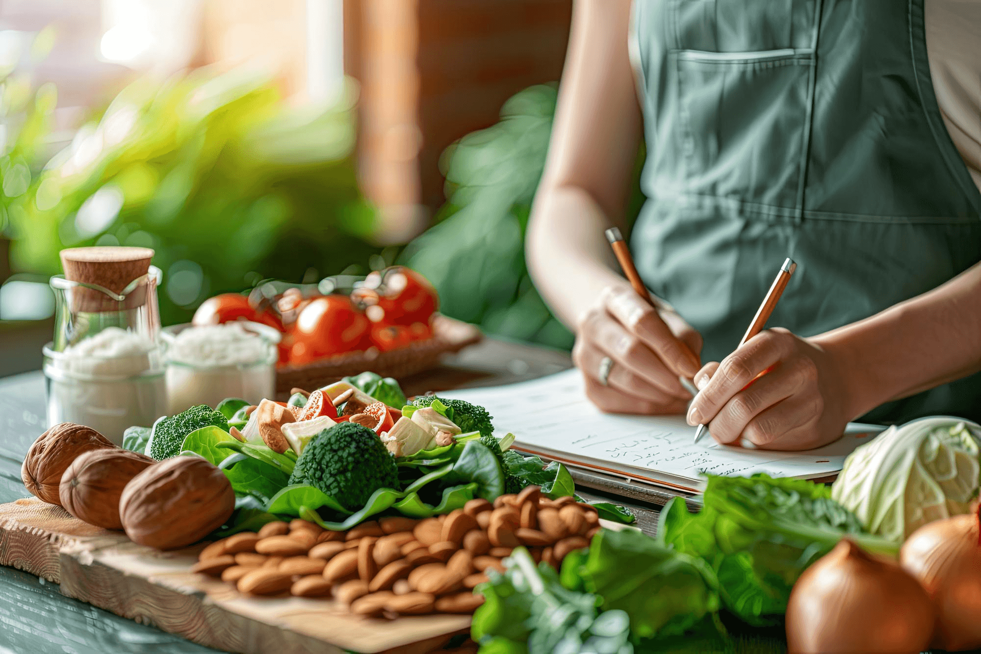 Someone planning meals and tracking what they eat, fruits, veggies, and nutrition charts, all part of managing PCOS symptoms.