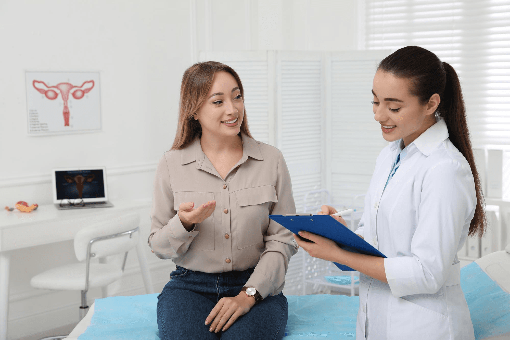 Woman having an appointment with her gynaecologist in her clinic regarding period delaying pills.
