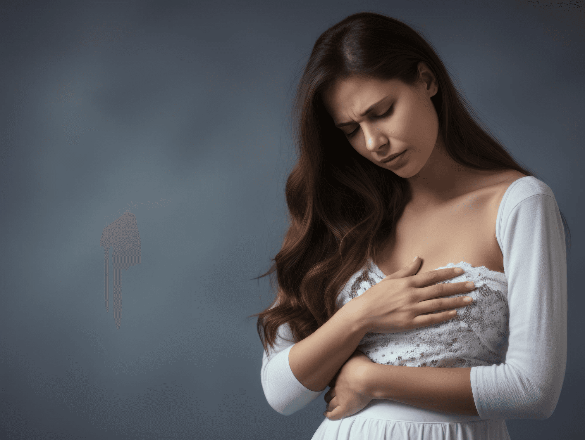 A woman holds her chest, clearly uncomfortable, highlighting breast tenderness and soreness that often come with hormonal shifts during ovulation.