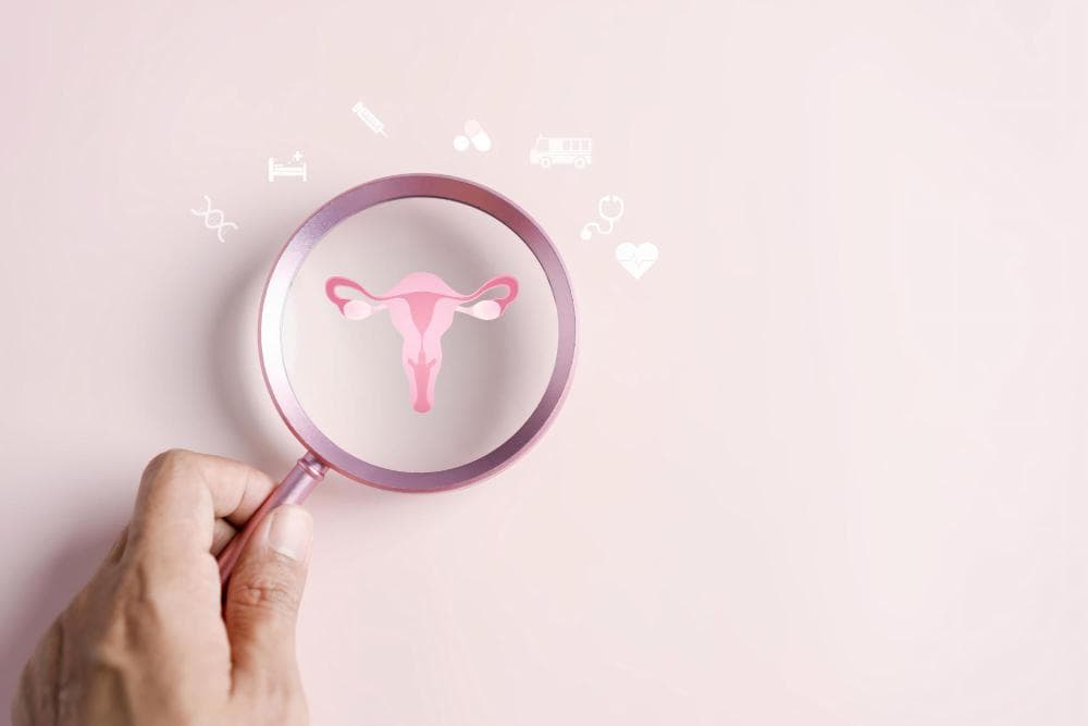 A hand holds a magnifying glass directed toward a pink diagram of a uterus and its related anatomy, along with surrounding medical icons, like a stethoscope and pills. All are represented against a pink background.