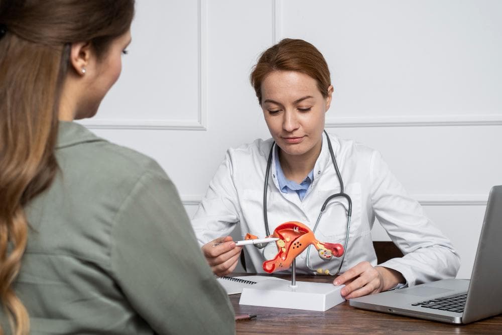 A female doctor is demonstrating a model of female reproductive anatomy to a patient. The doctor, holding a pen, is focused on the model, which includes detailed structures like the uterus and ovaries.
