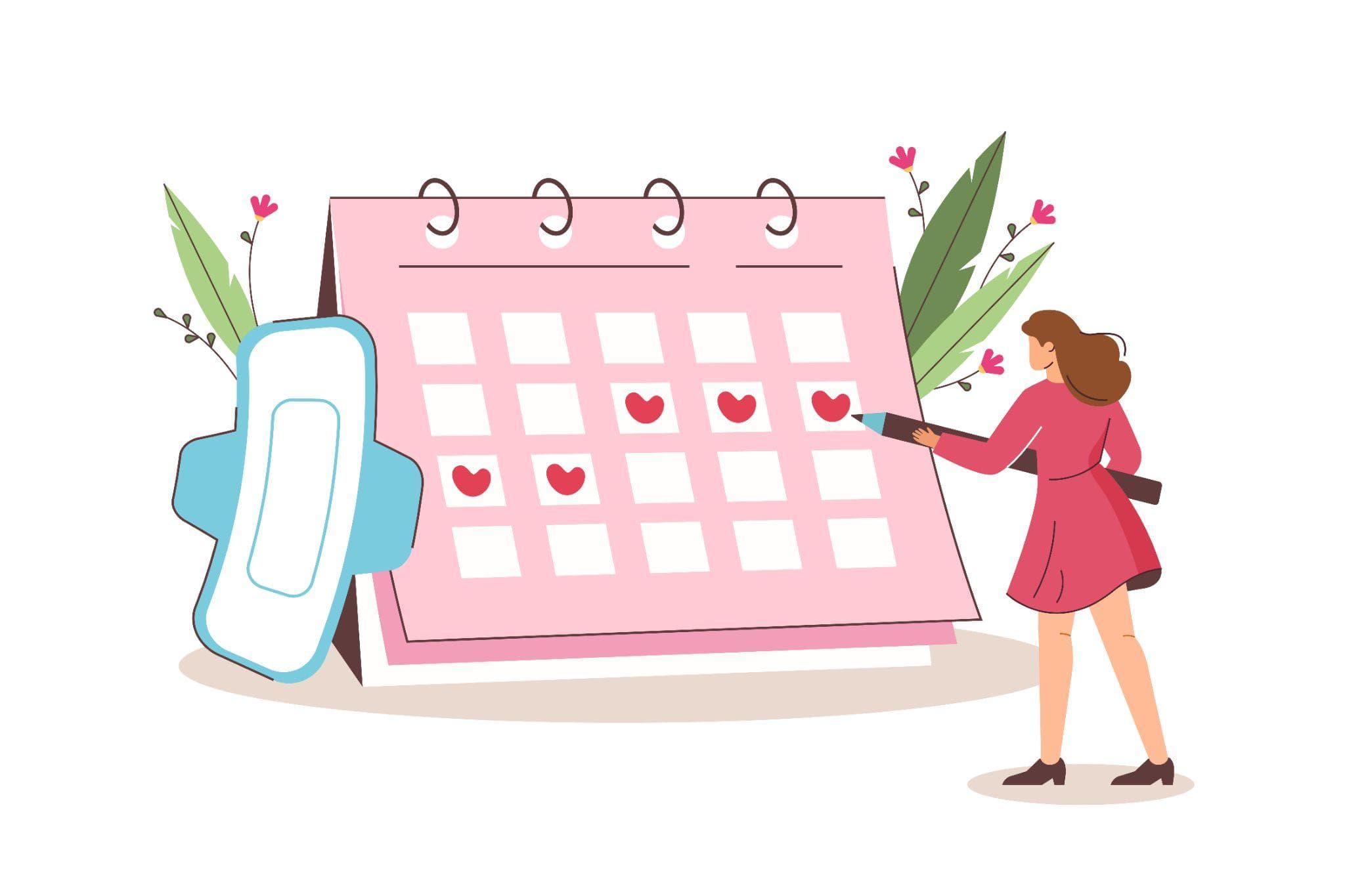 A woman in a pink dress is standing next to a large pink calendar that shows several marked dates, symbolizing a menstrual cycle. A blue sanitary pad is positioned beside the calendar, and small flowers adorn the scene.