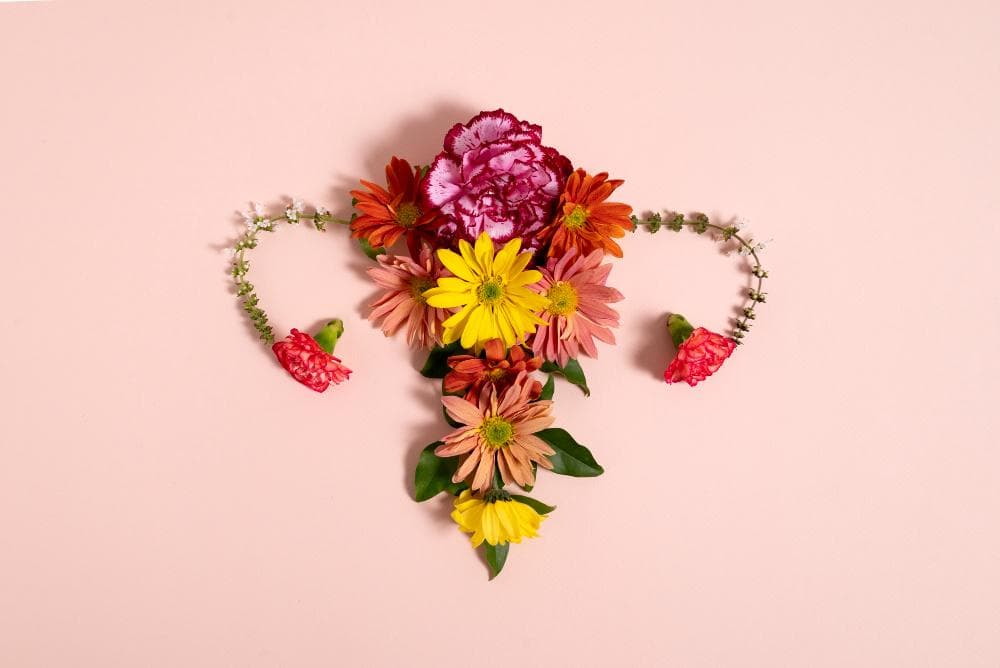 A creative arrangement of colorful flowers is shaped like a uterus against a soft pink background. The flowers include a variety of colors such as pink, yellow, and orange, symbolizing femininity and vitality.