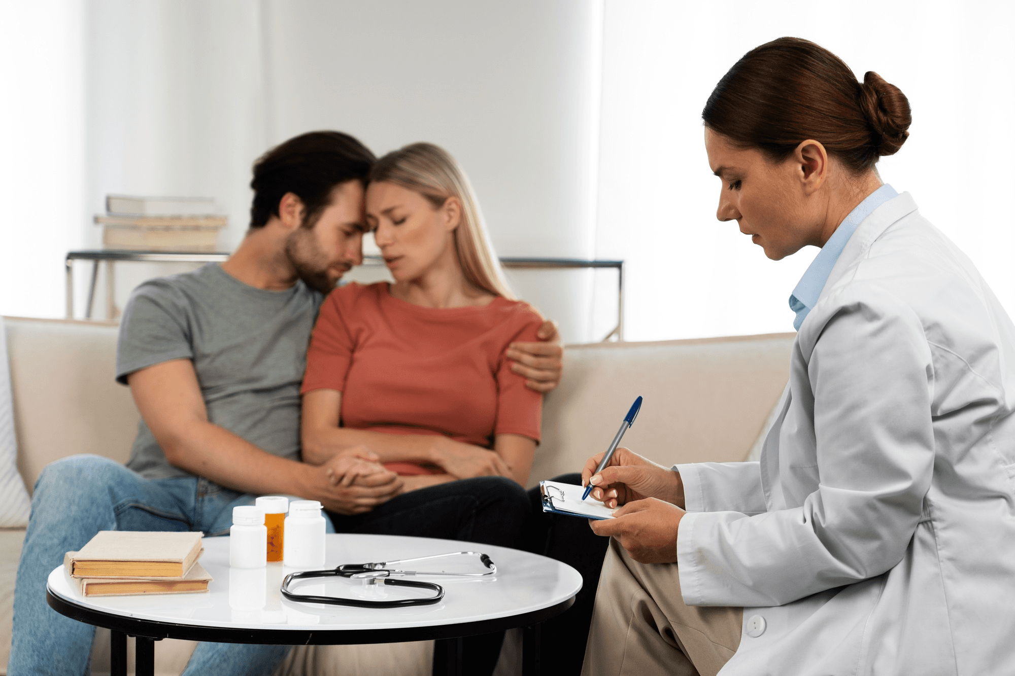 Doctor and couple talking about infertility during a supportive clinical consultation