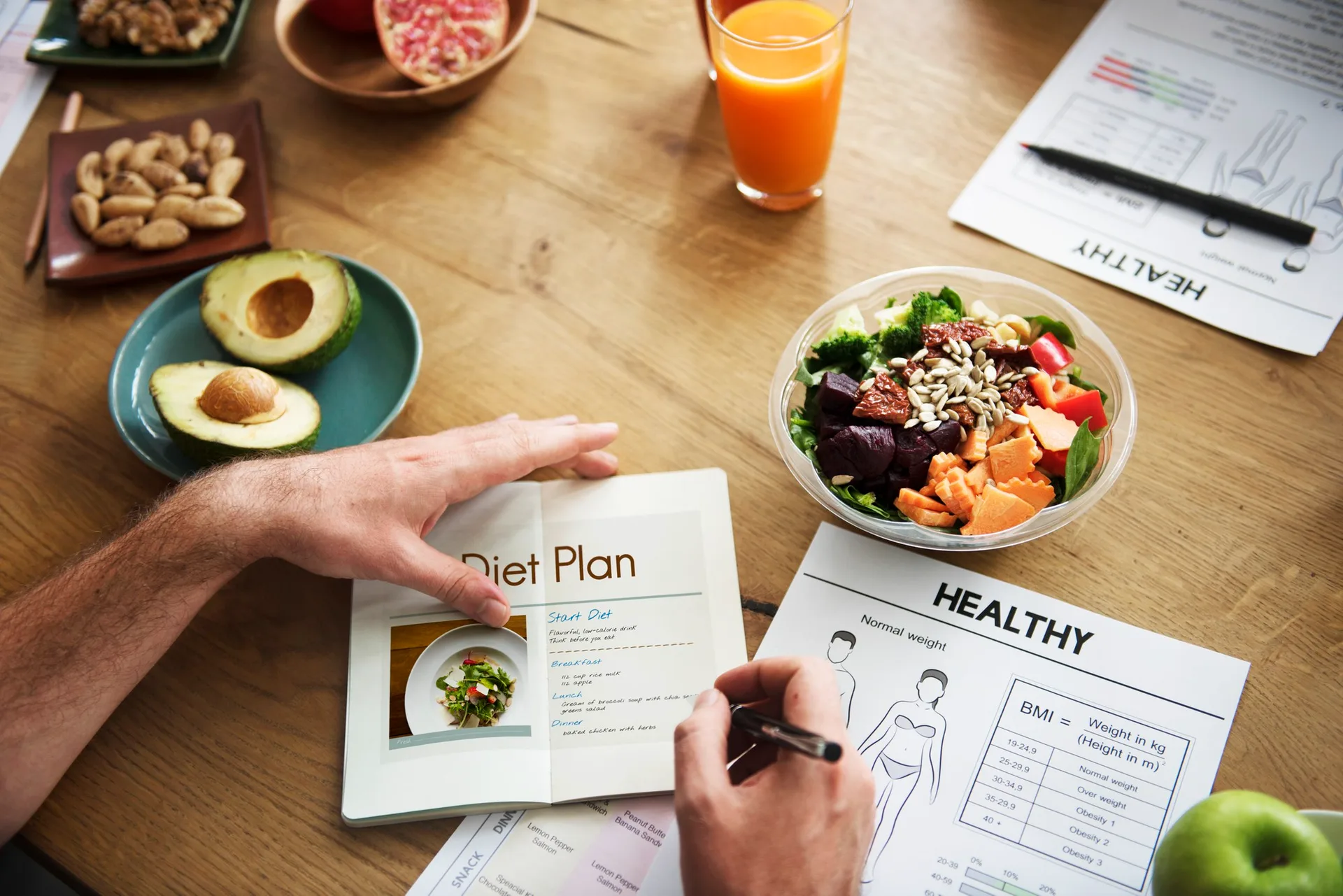 A well-balanced diet plan featuring nutritious foods such as fresh fruits, vegetables, whole grains, and lean proteins.