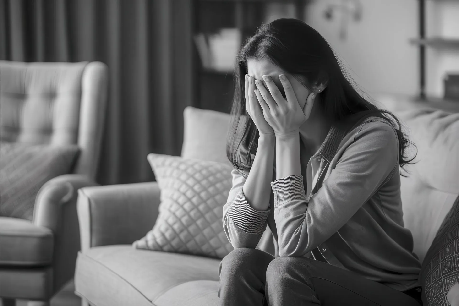A woman sits quietly with her head down, reflecting feelings of sadness, hopelessness, and fatigue.